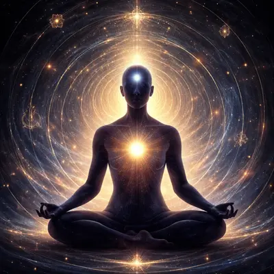 Духовное самосознание» — силуэт в медитации, мягкое свечение, энергети